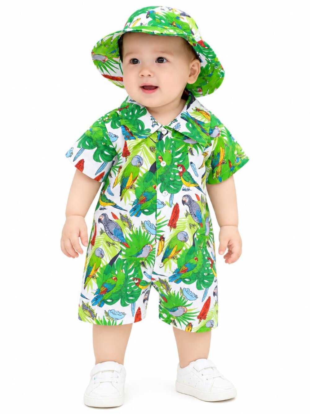 Green Tropical Parrot Baby Romper & Hat 2-Piece Outfit Set - Picture 3 of 3